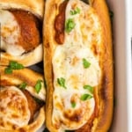 Pinterest graphic featuring slow cooker meatball subs.