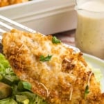Pinterest graphic featuring baked caesar chicken.
