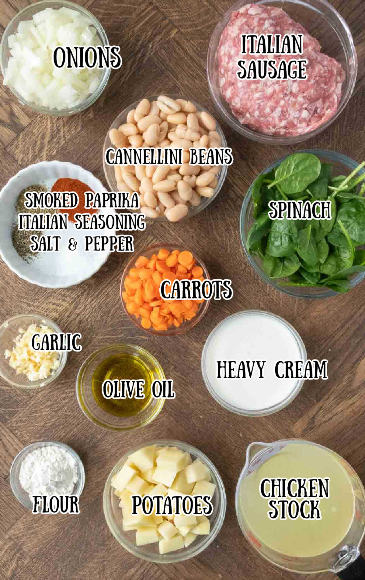 Labeled ingredients for sausage white bean soup.