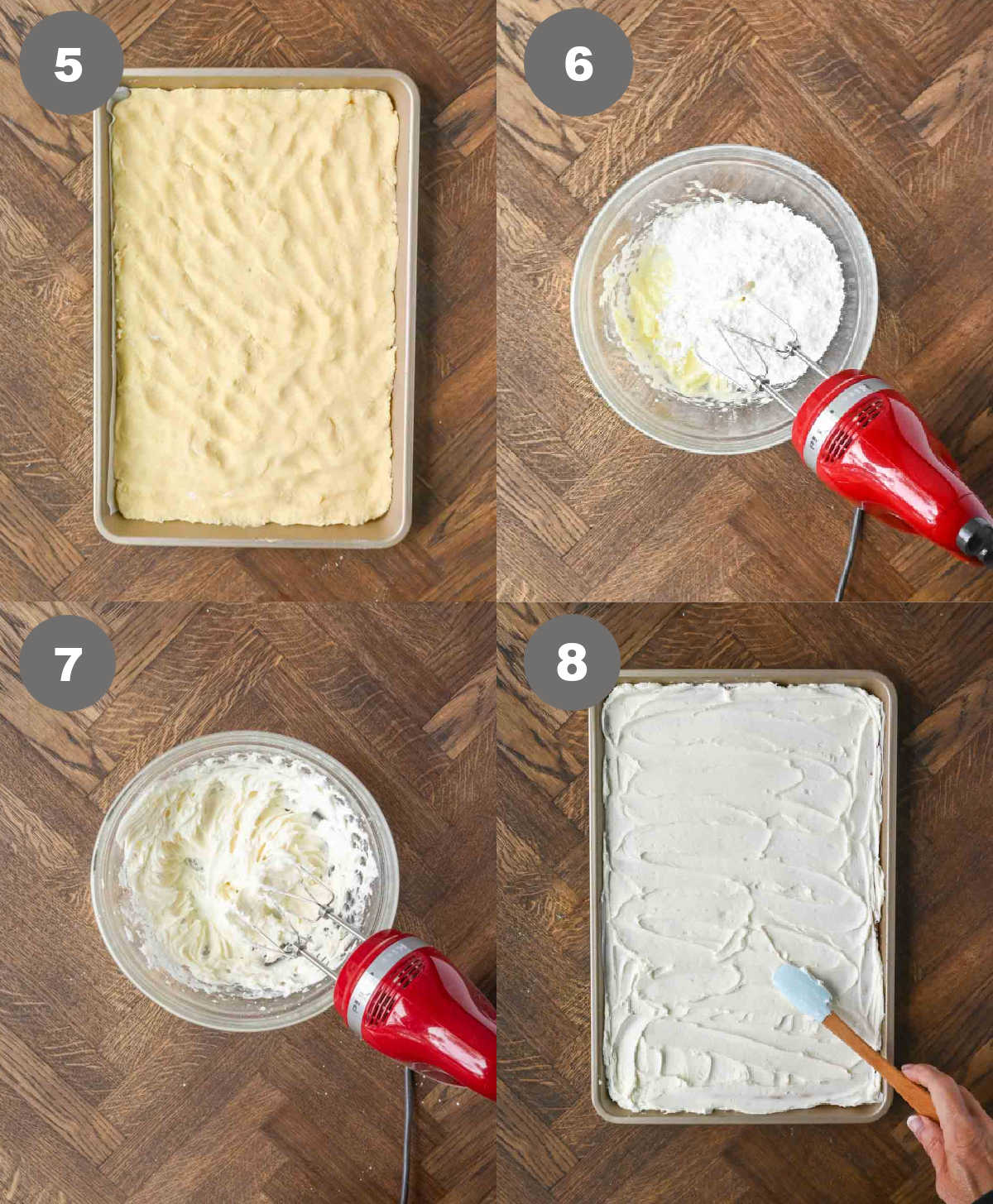 Sugar cookie dough pressed into a baking sheet and frosting mixed in a bowl.