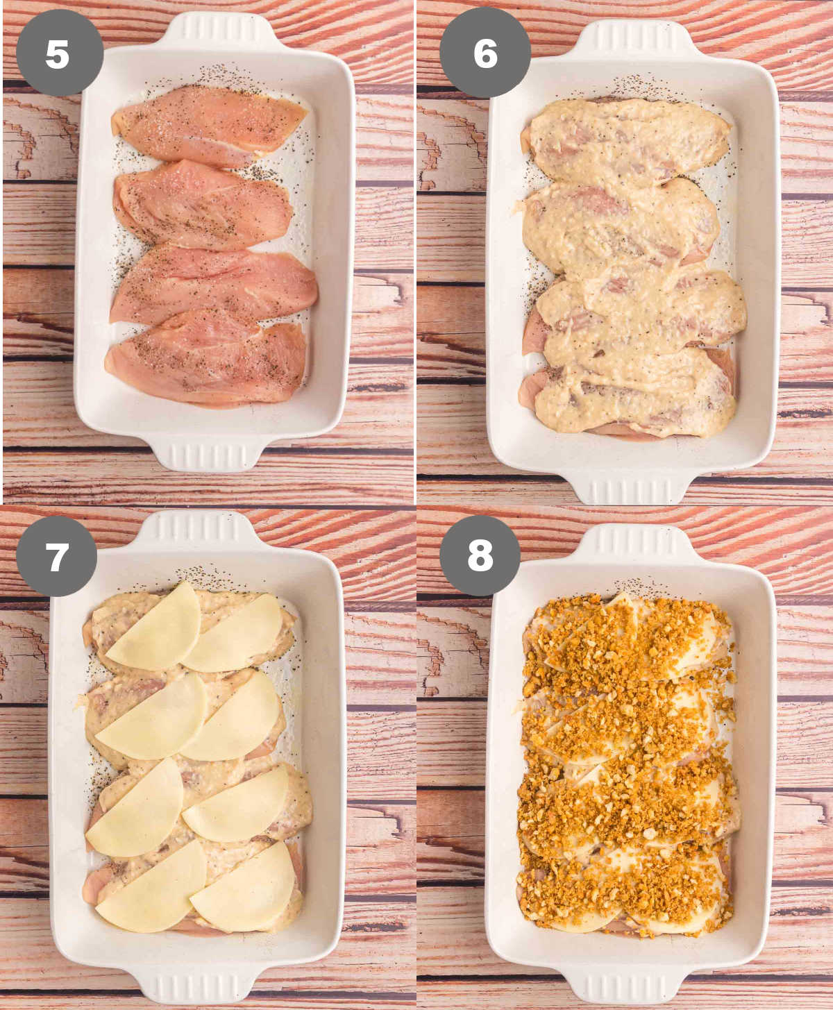 Steps 5 through 8 for making baked caesar chicken.