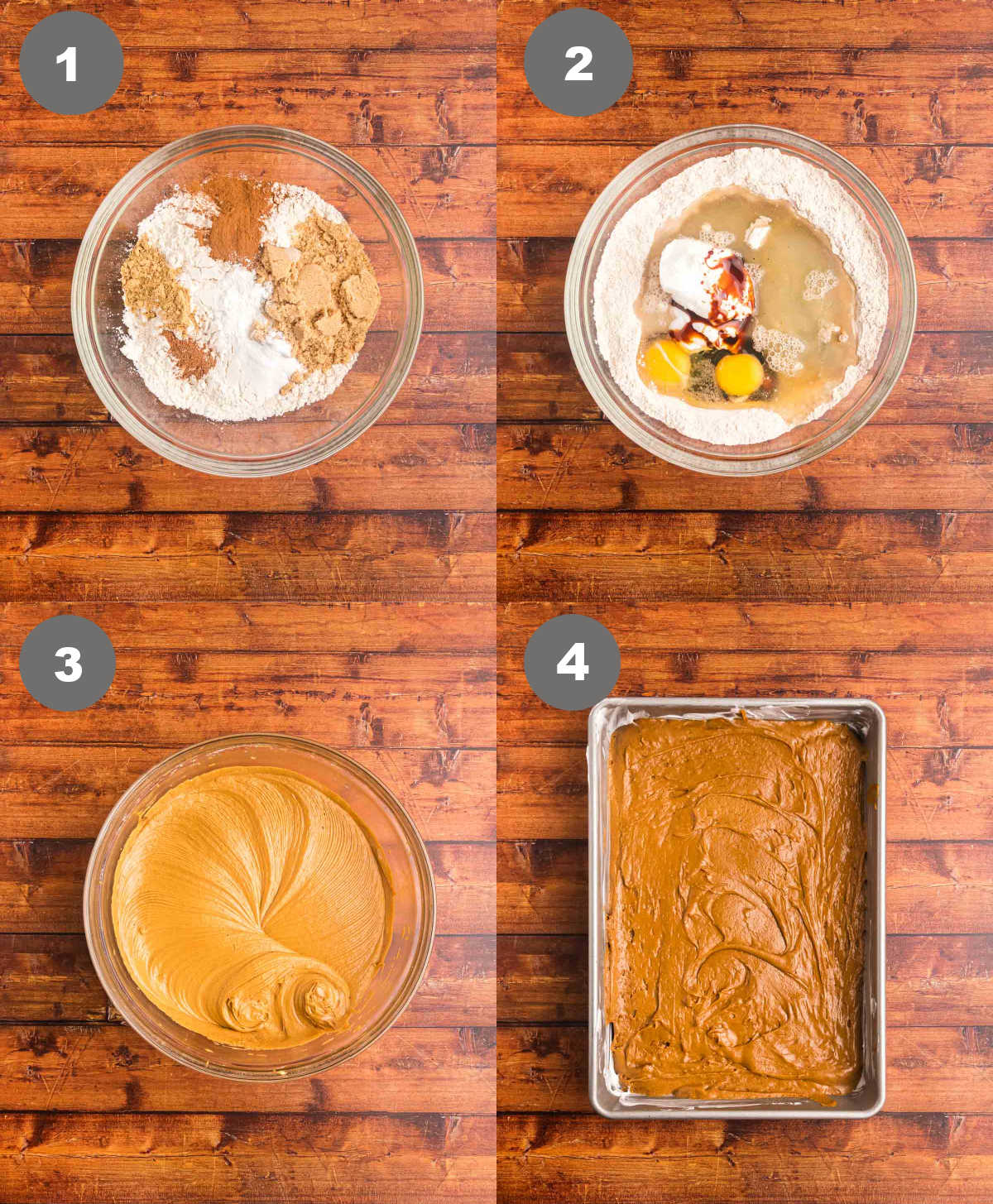 Steps 1 through 4 for making gingerbread cake.
