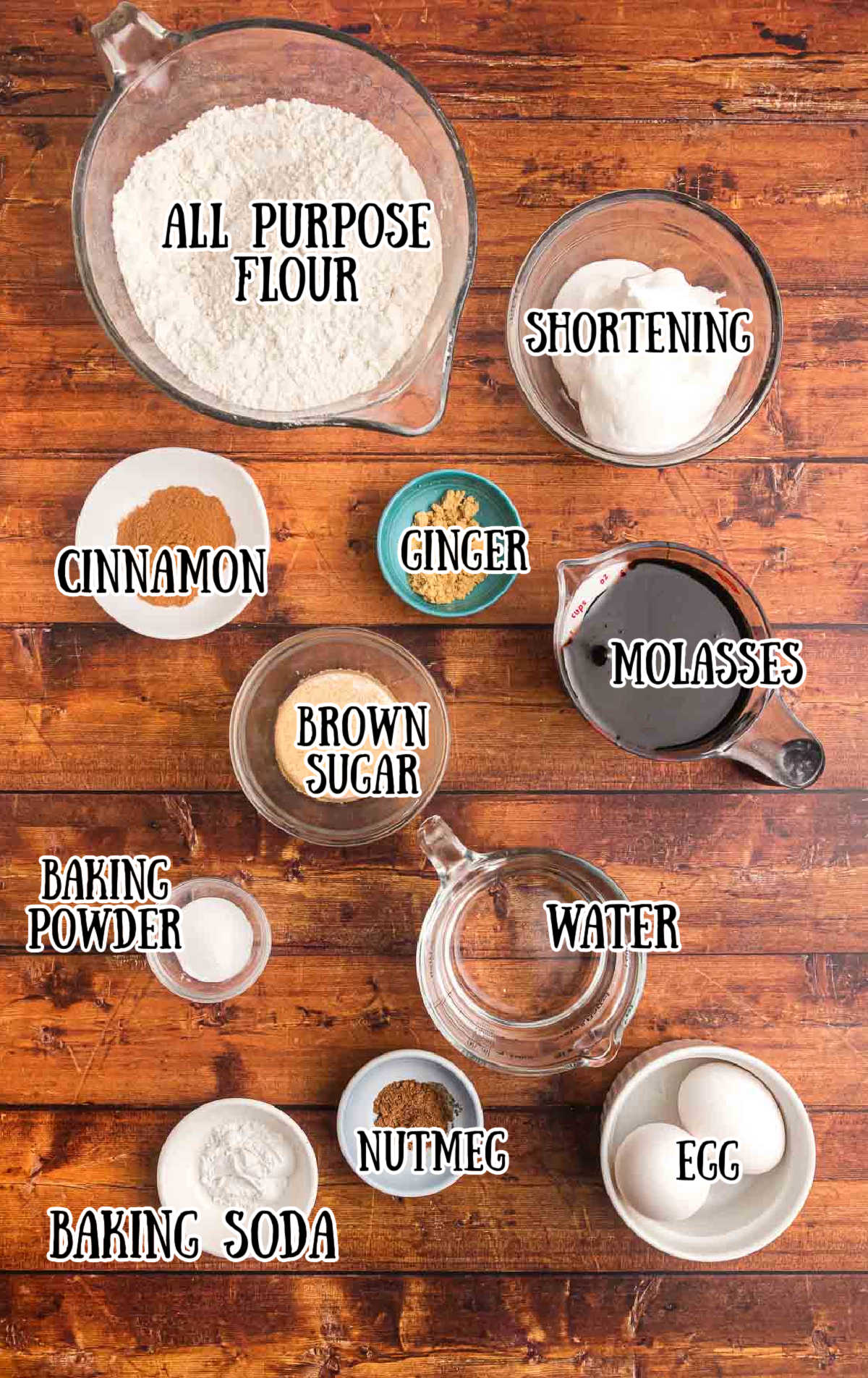 Labeled ingredients for gingerbread cake.
