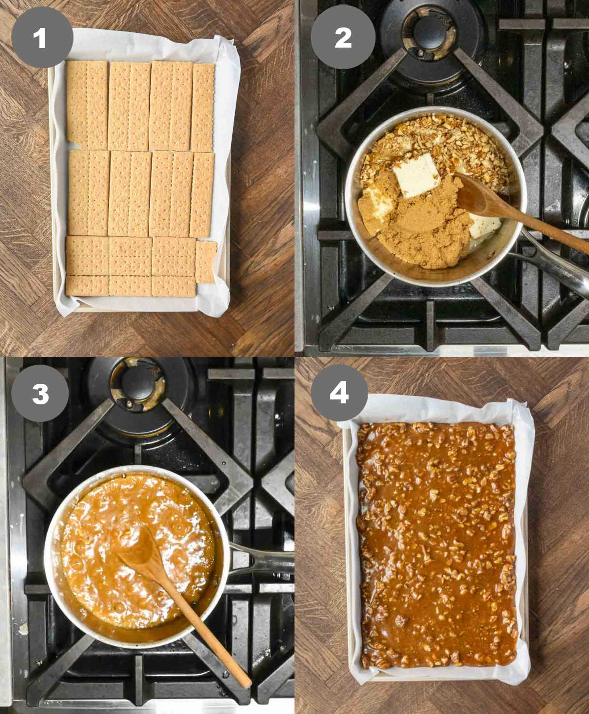 Graham crackers on a baking sheet and toffee cooked in saucepan and poured on top.