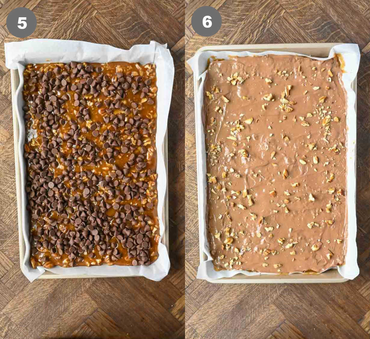 Chocolate chips placed on top of the toffee then spread evenly.