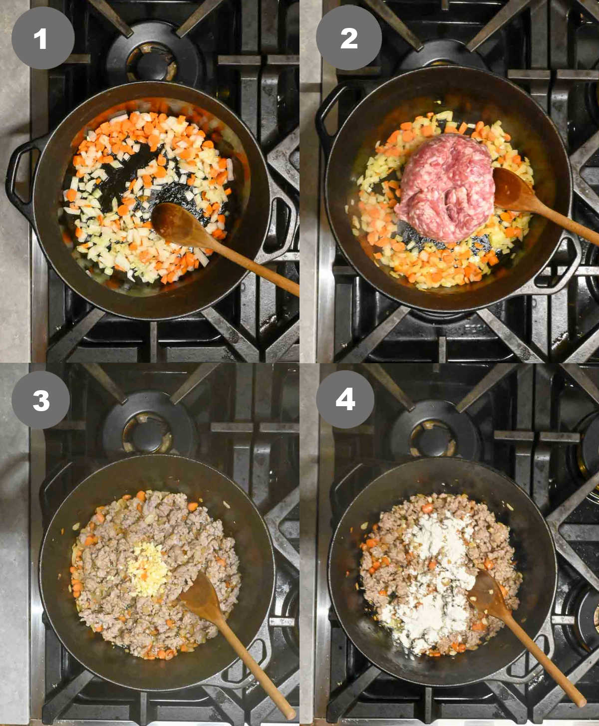 Steps 1 through 4 for making sausage white bean soup.