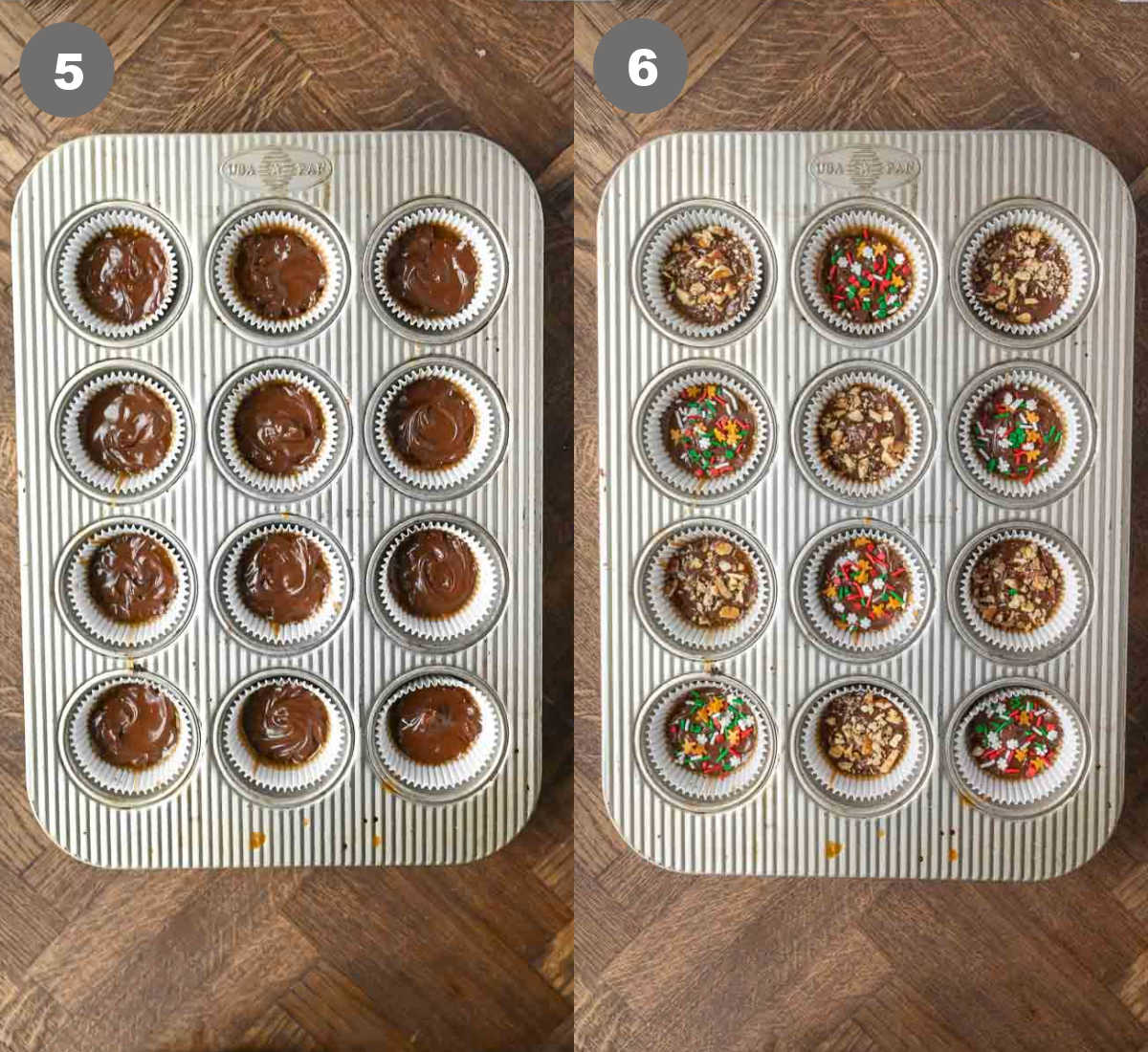 Toffee cookies placed in a muffin tin to chill.