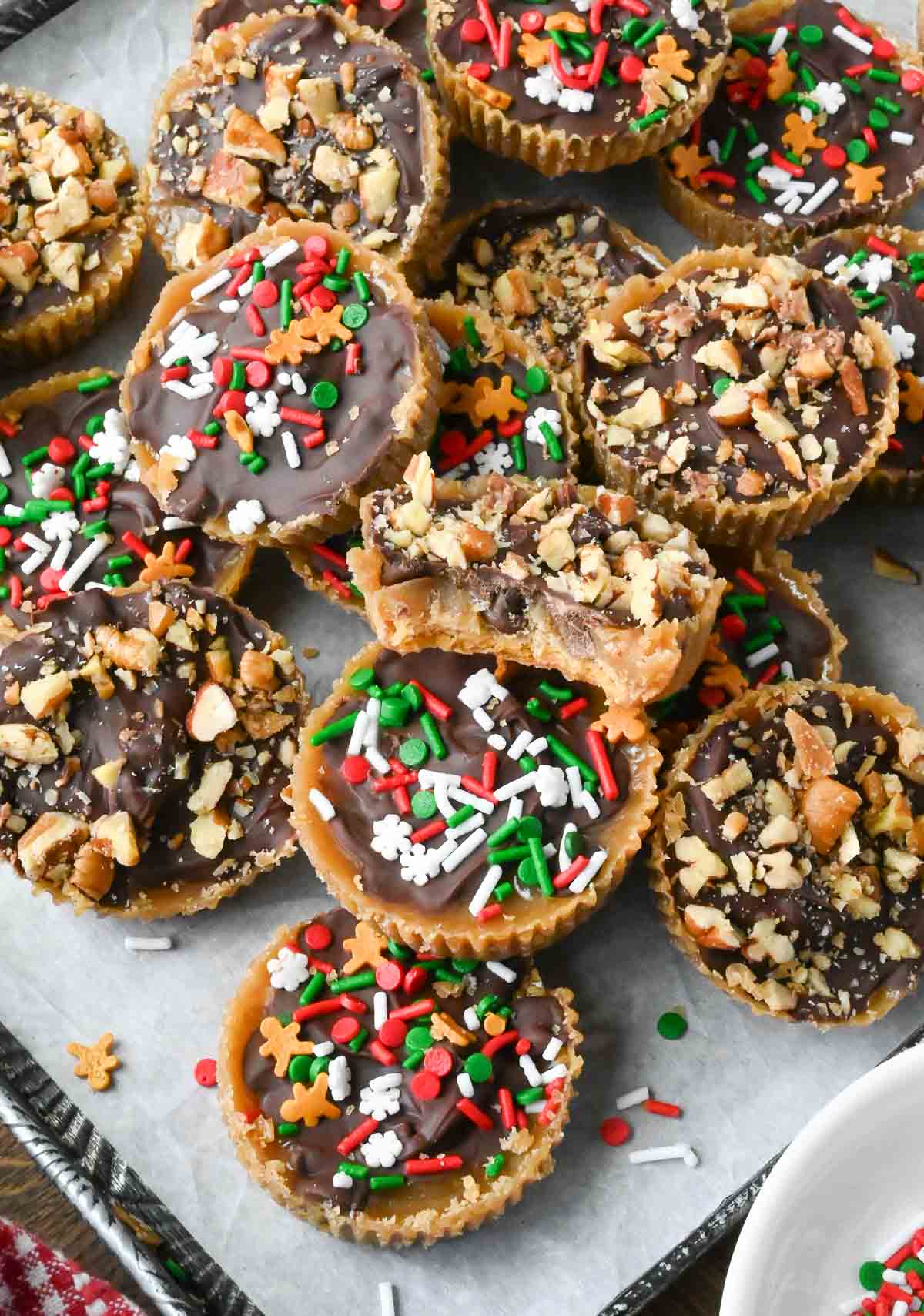 Ritz cracker toffee cookies on a baking sheet.