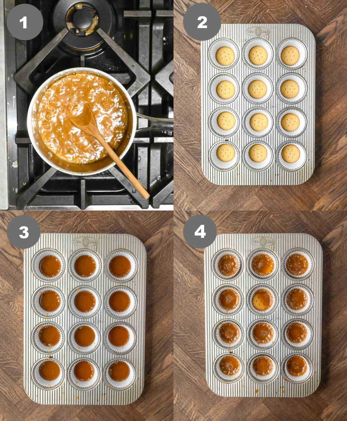 Caramel sauce simmered in a saucepan and added on top of the crackers in the muffin tin.