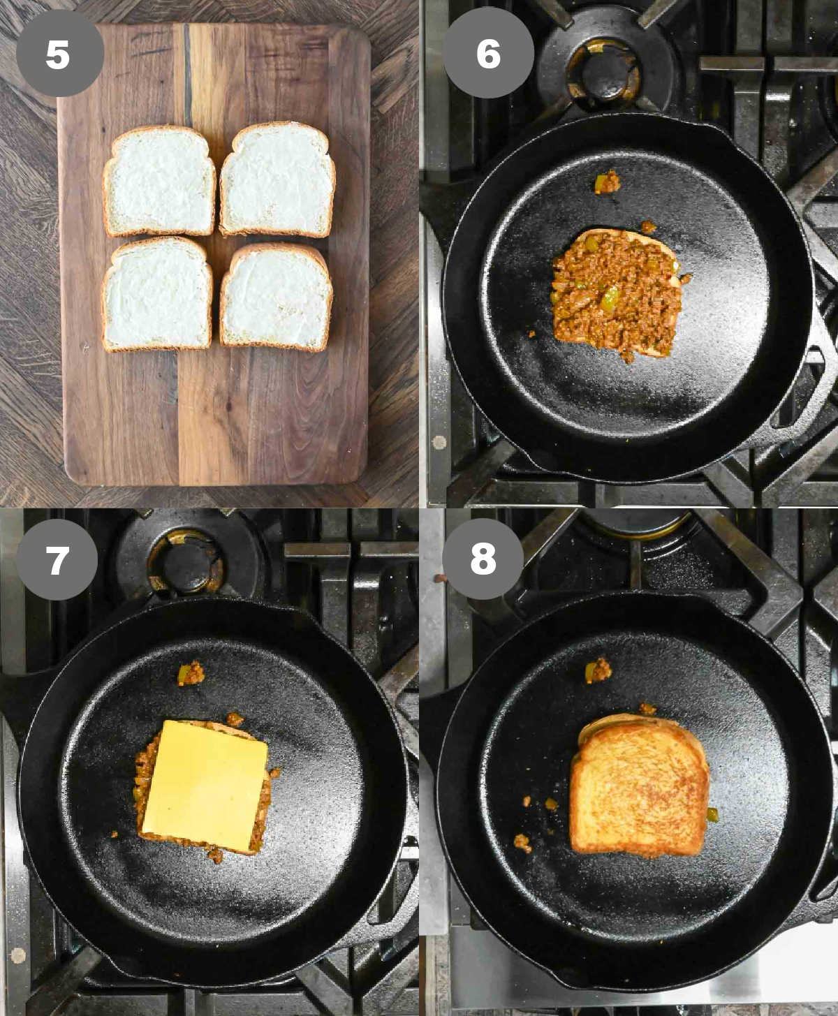 Bread being buttered and cooked in a skillet with sloppy joes filling.