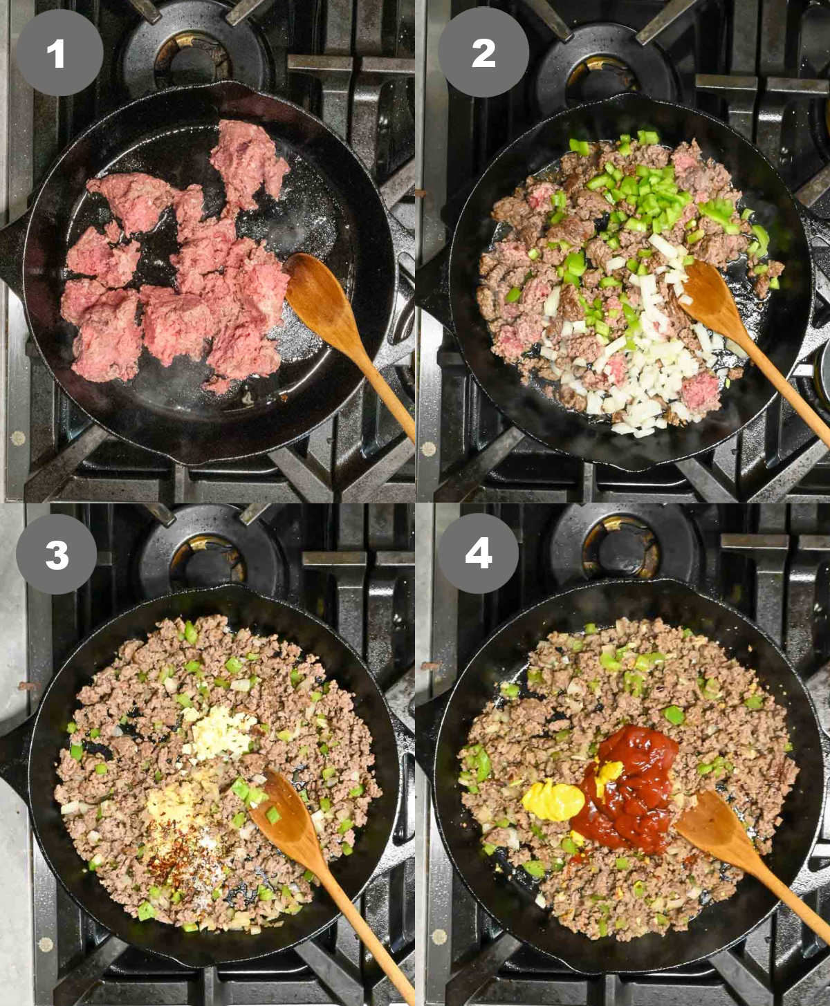 Ground beef cooked in a skillet and sauce added.