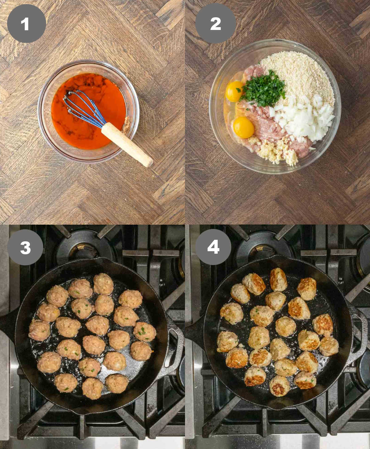 Fire cracker sauce mixed in a bowl and meatballs mixed in a bowl then seared in a skillet.