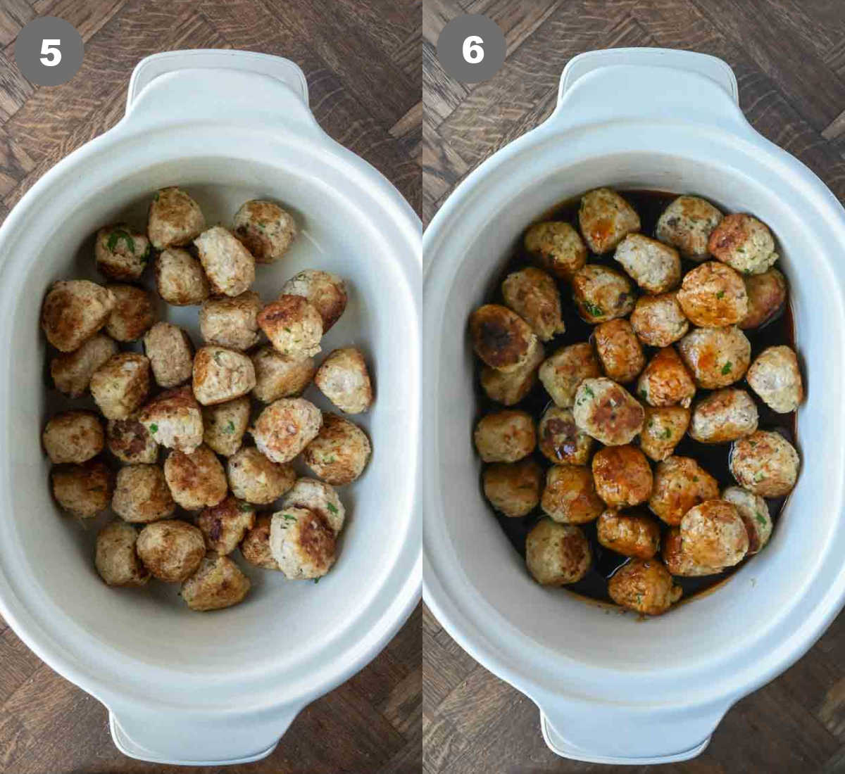 Meatballs placed in the slow cooker and sauce poured on top.