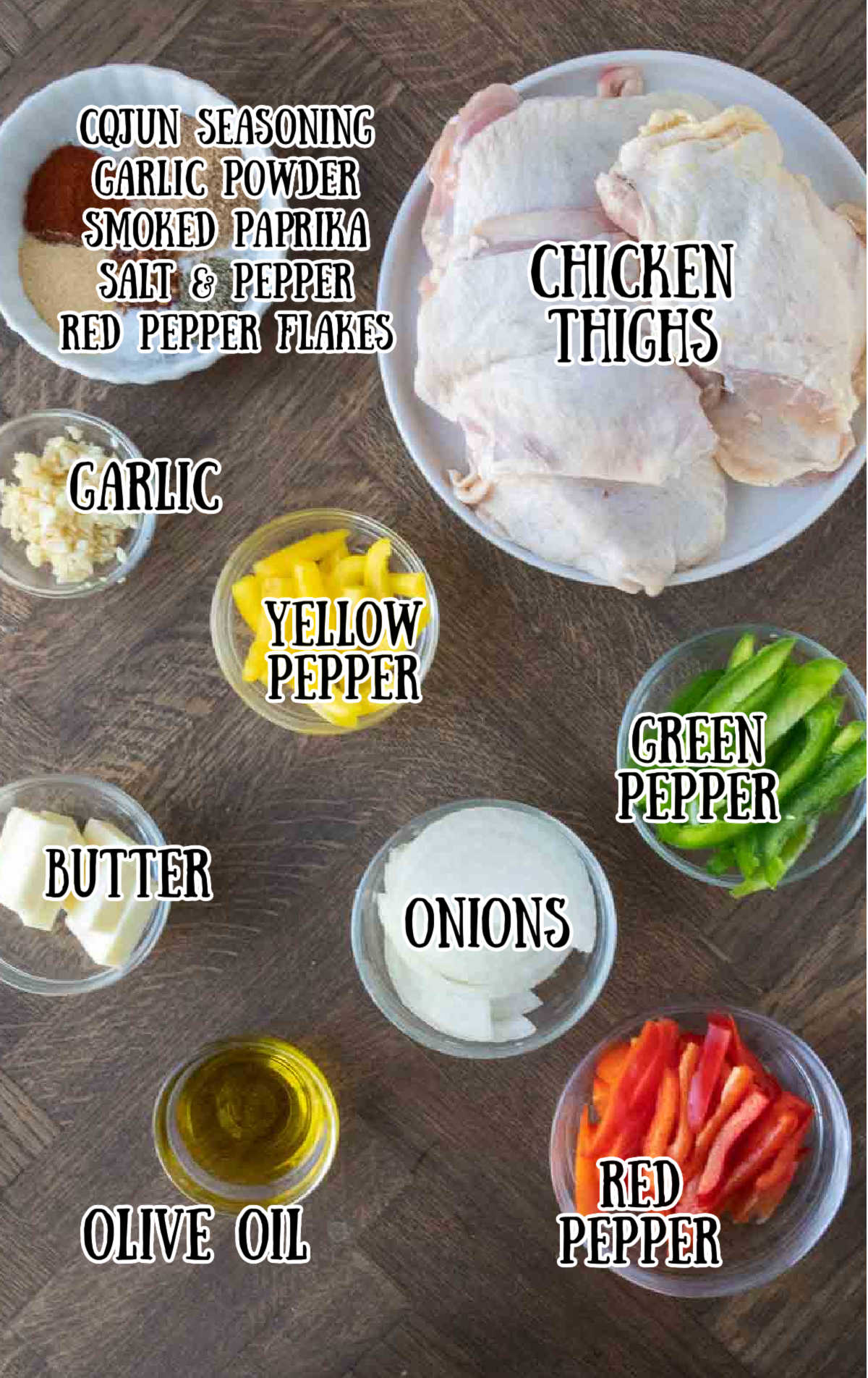 Labeled ingredients for baked cajun chicken thighs.