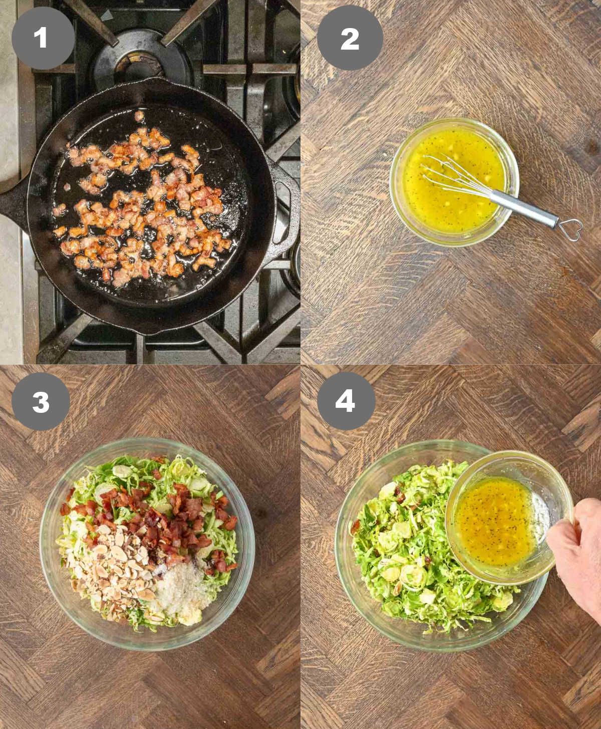 Bacon cooked in a skillet and the brussels salad prepped in a bowl.