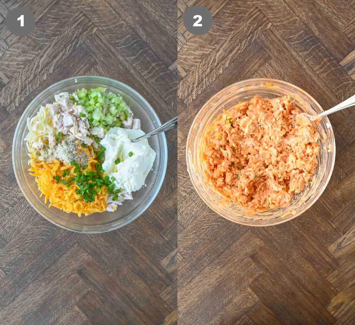 Steps 1 and 2 for making buffalo chicken egg rolls.