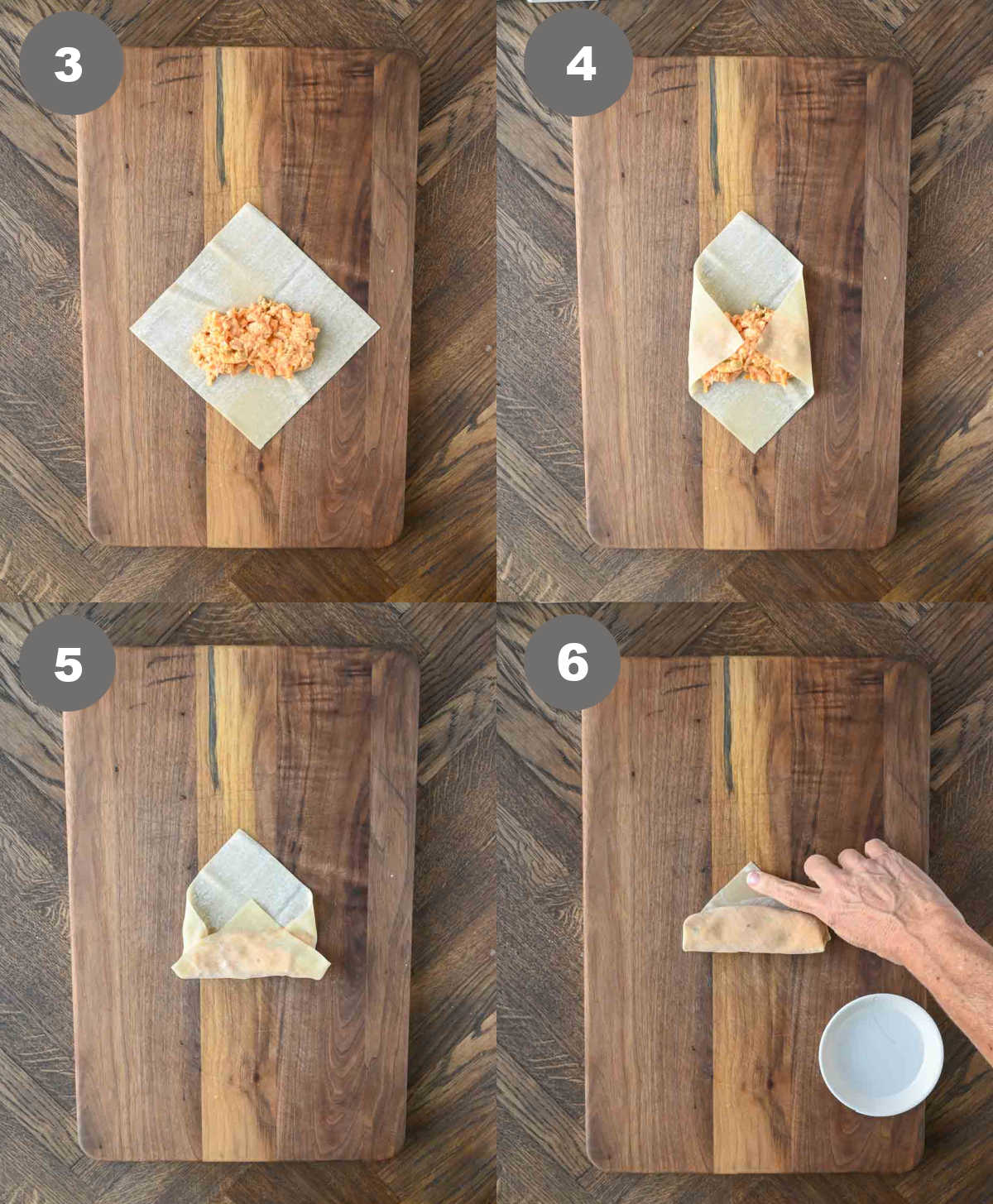 Steps 3 through 6 for making buffalo egg rolls.