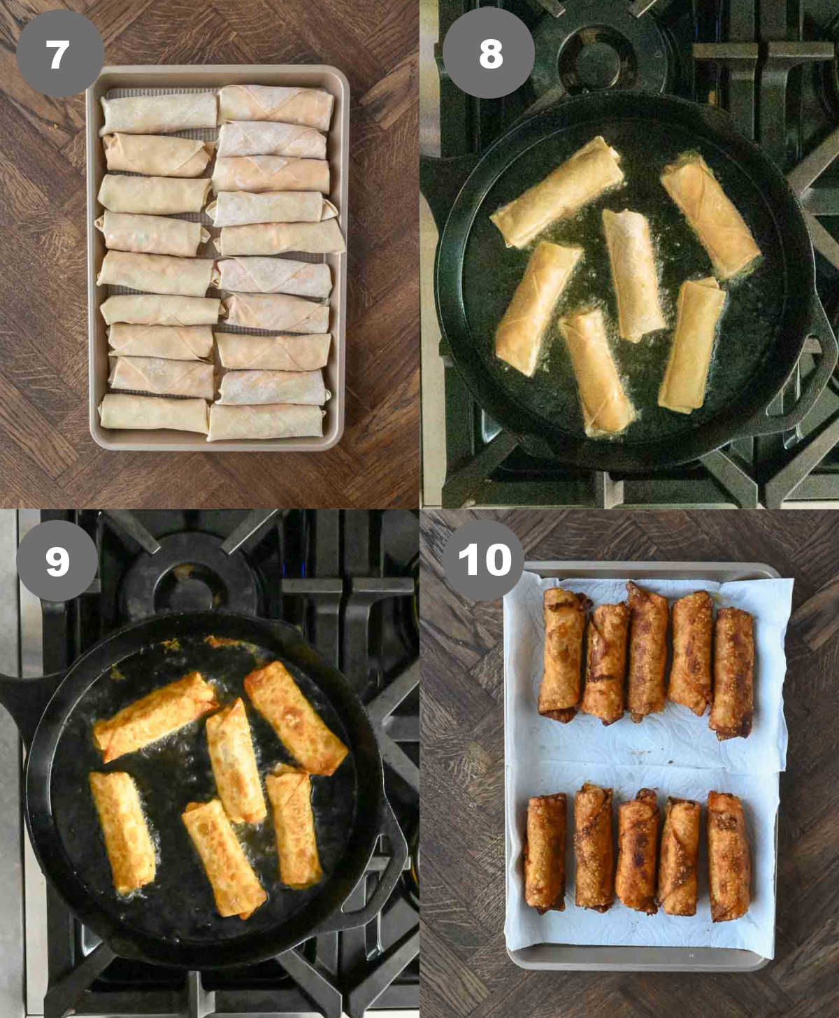 Steps 7 through 10 for making buffalo chicken egg rolls.
