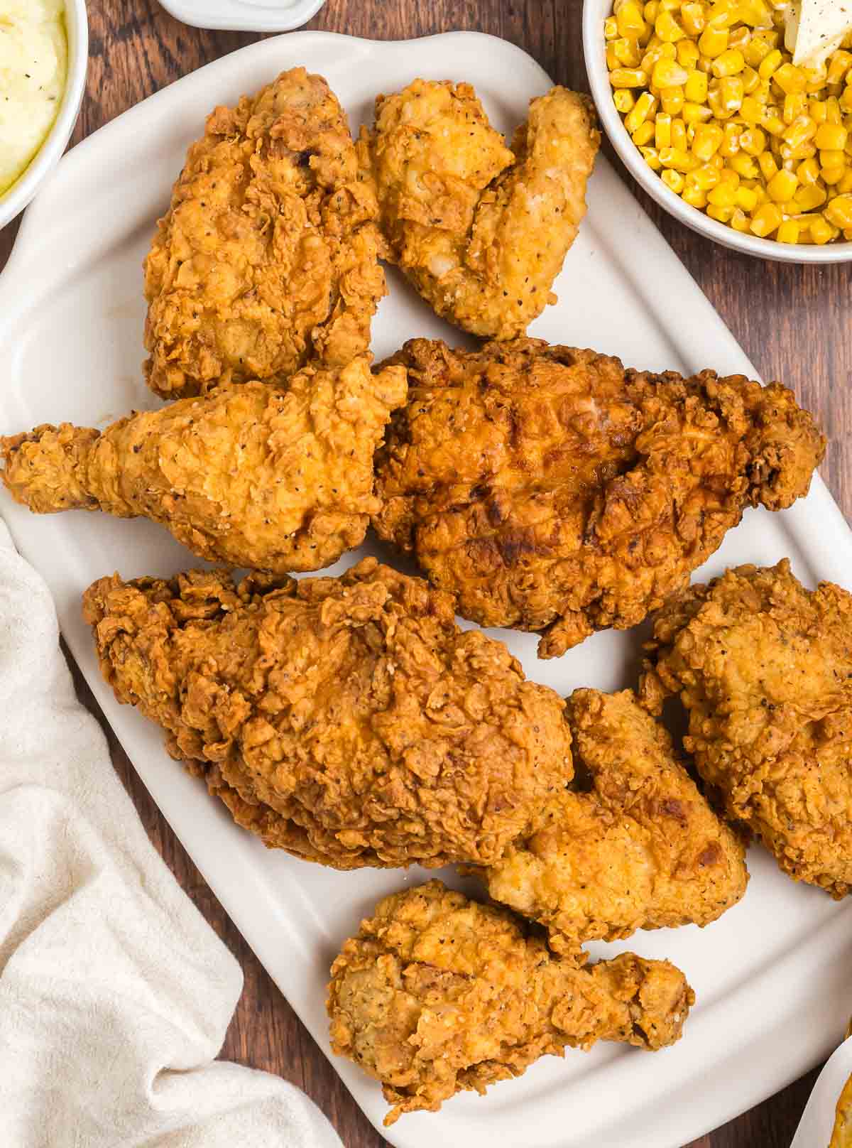 A serving platter featuring cracker barrel fried chicken.