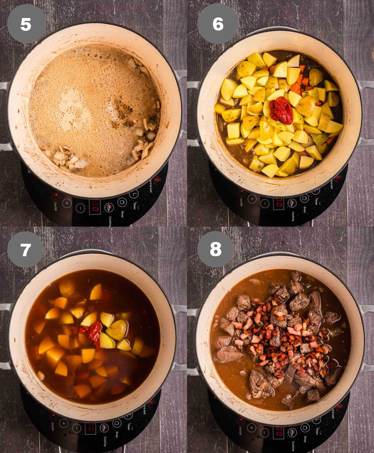 Steps 5 through 8 for making beef and guinness stew.