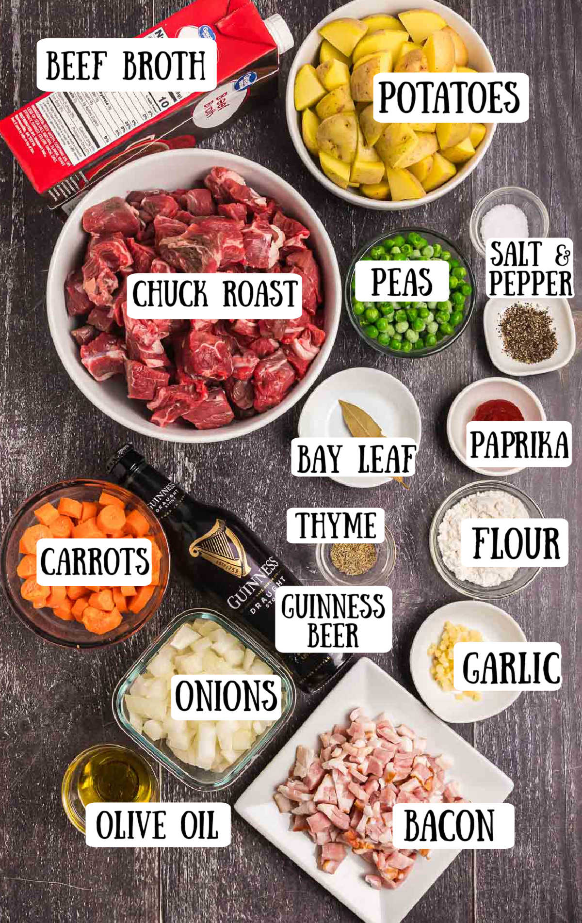 Labeled ingredients for beef and guinness stew.