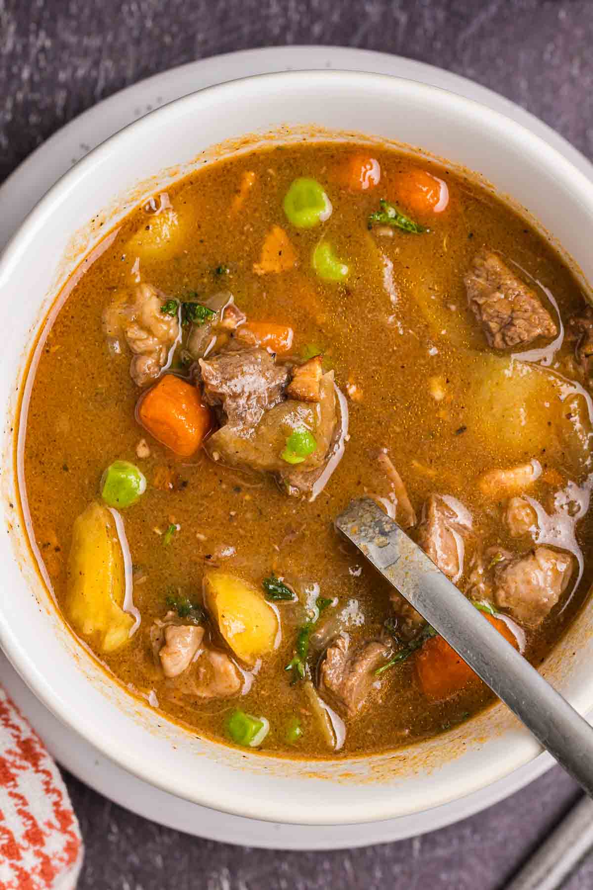 Overhead view of a bowl of beef and guinness stew.