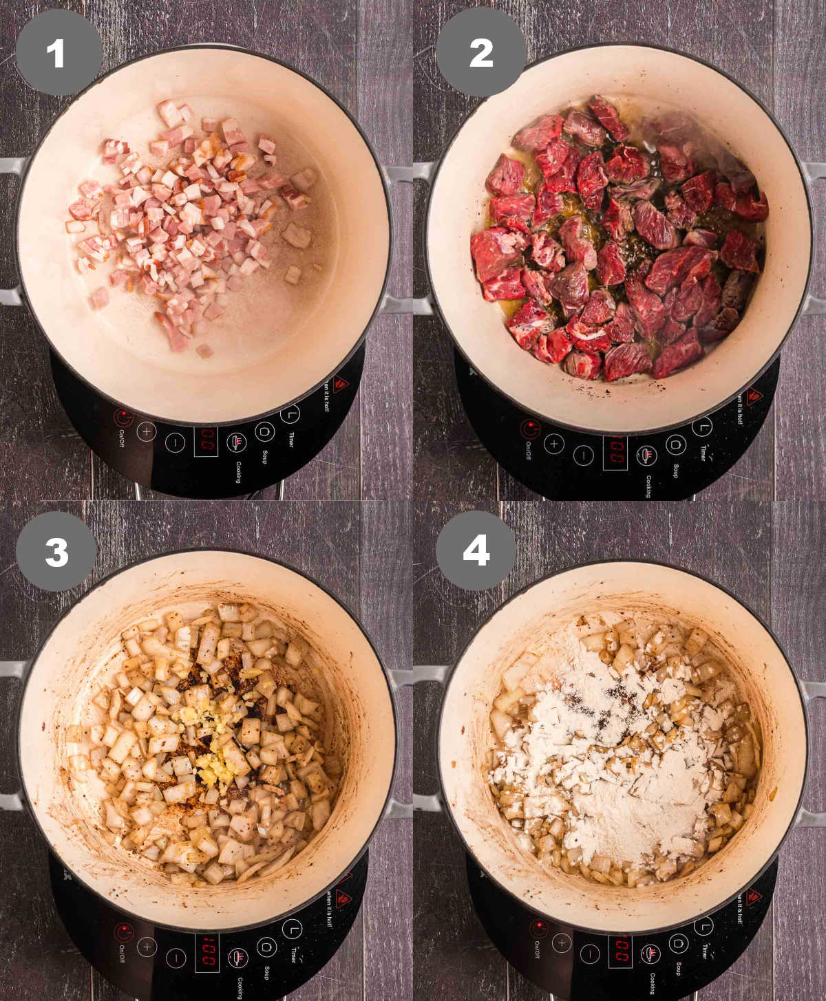 Steps 1 through 4 for making beef and guinness stew.