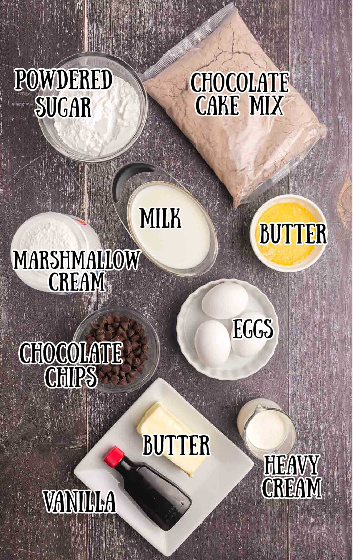 Labeled ingredients for hostess chocolate cupcakes.