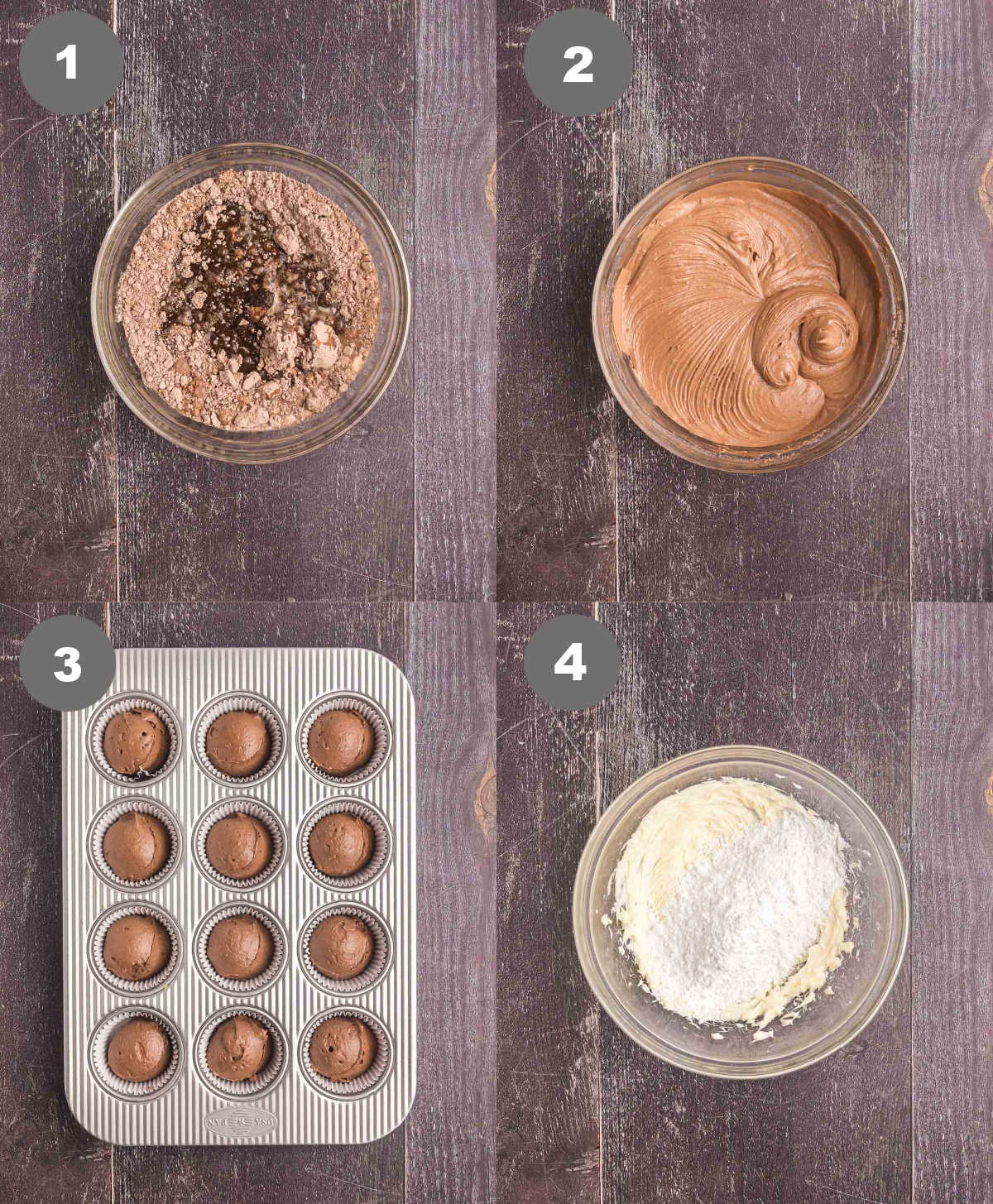 Steps 1 through.4 for making copycat hostess cupcakes.