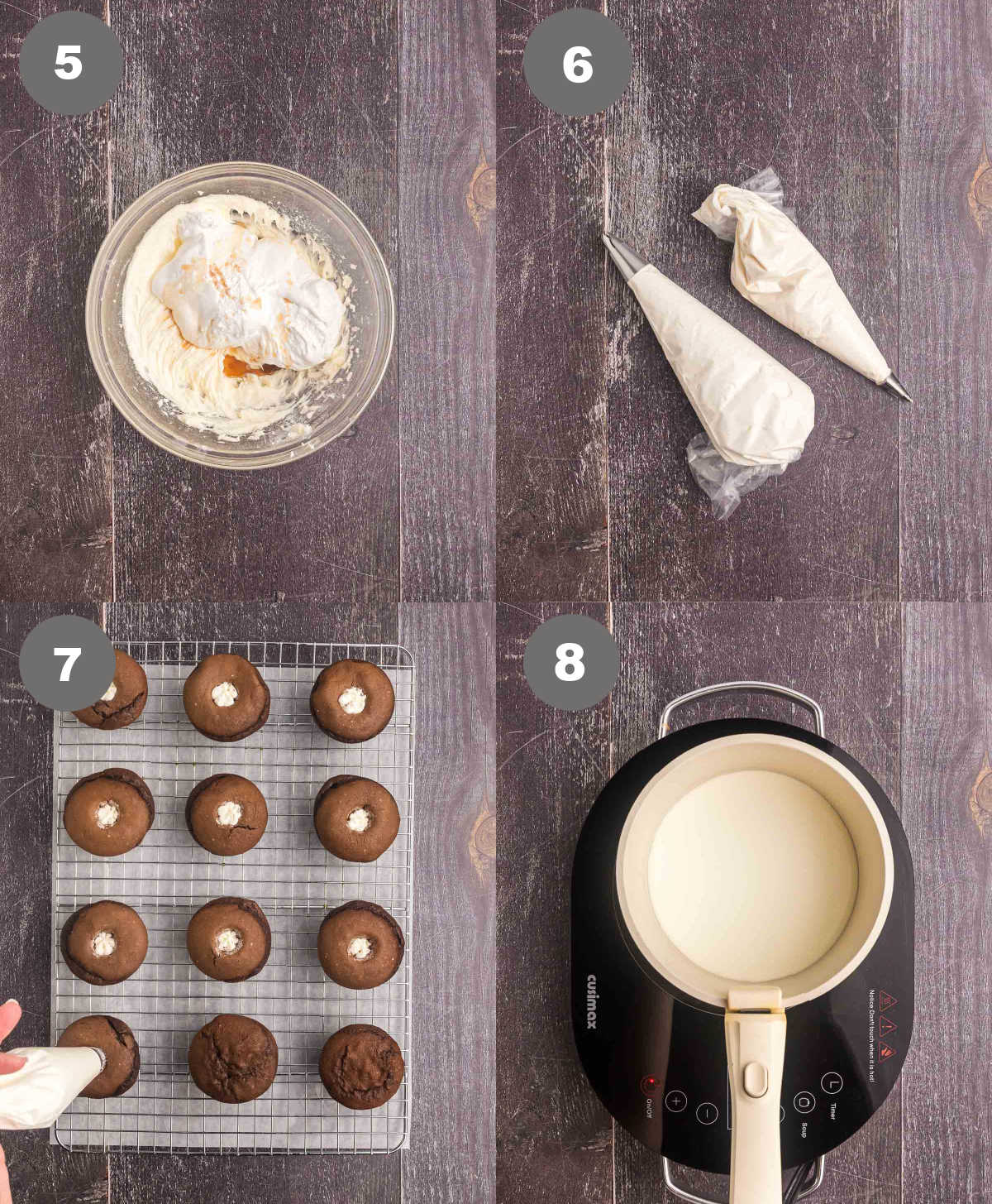 Steps 5 through 8 for making hostess chocolate cupcakes.