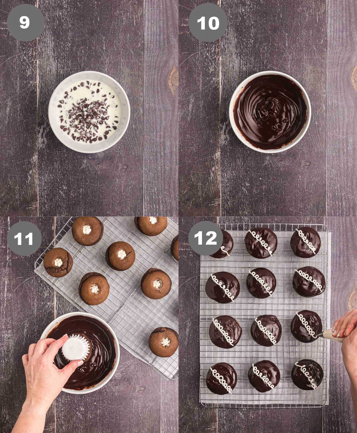 Steps 9 through 12 for making copycat hostess cupcakes.