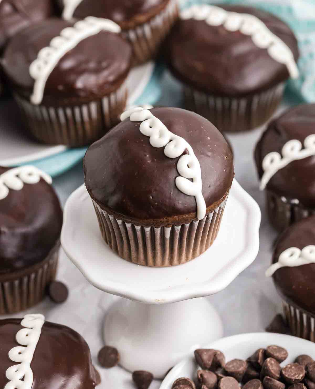 Copycat hostess chocolate cupcakes on a serving tray.
