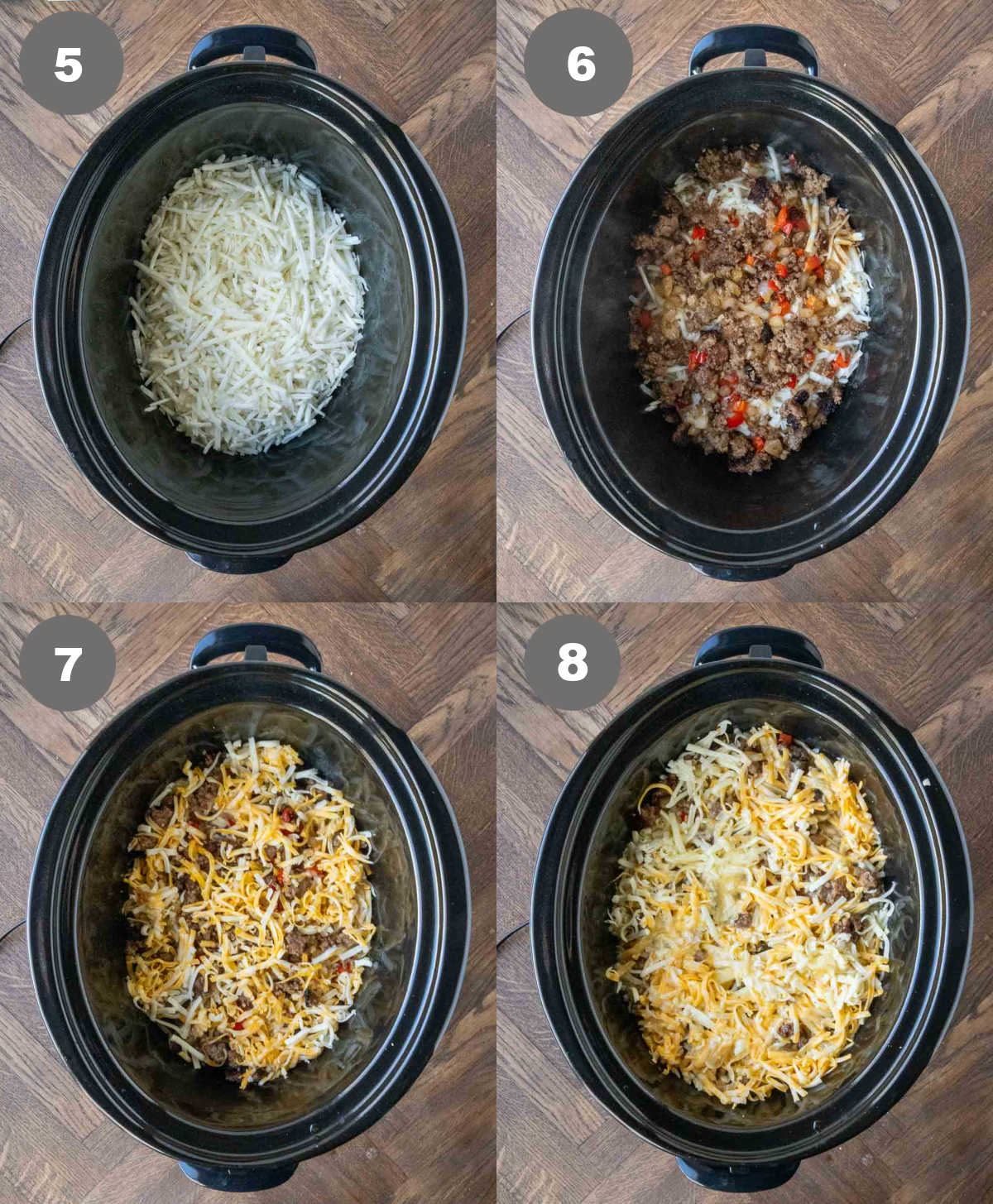 Steps 5 throughb8 for making crockpot breakfast casserole.