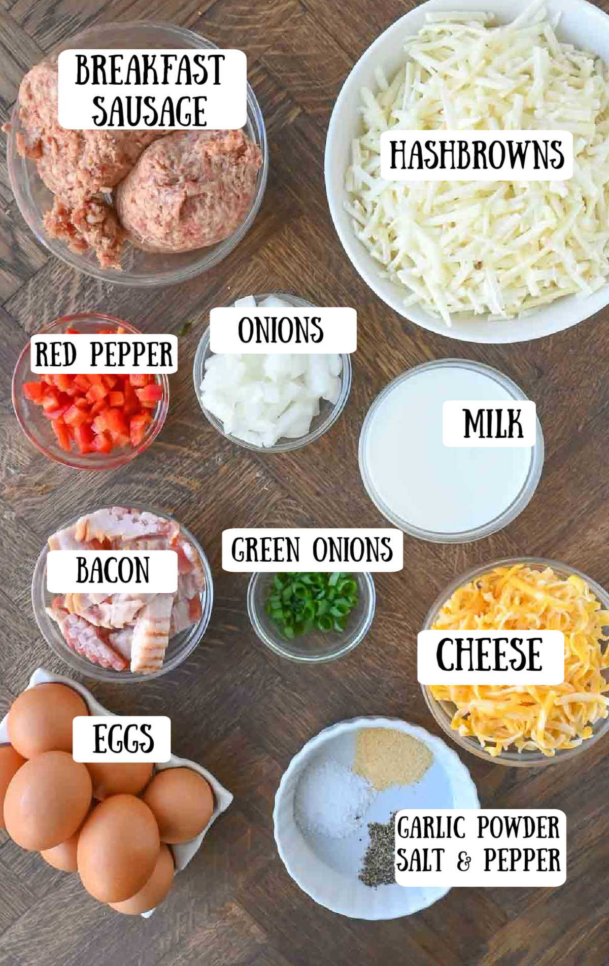 Labeled ingredients for slow cooker breakfast casserole.