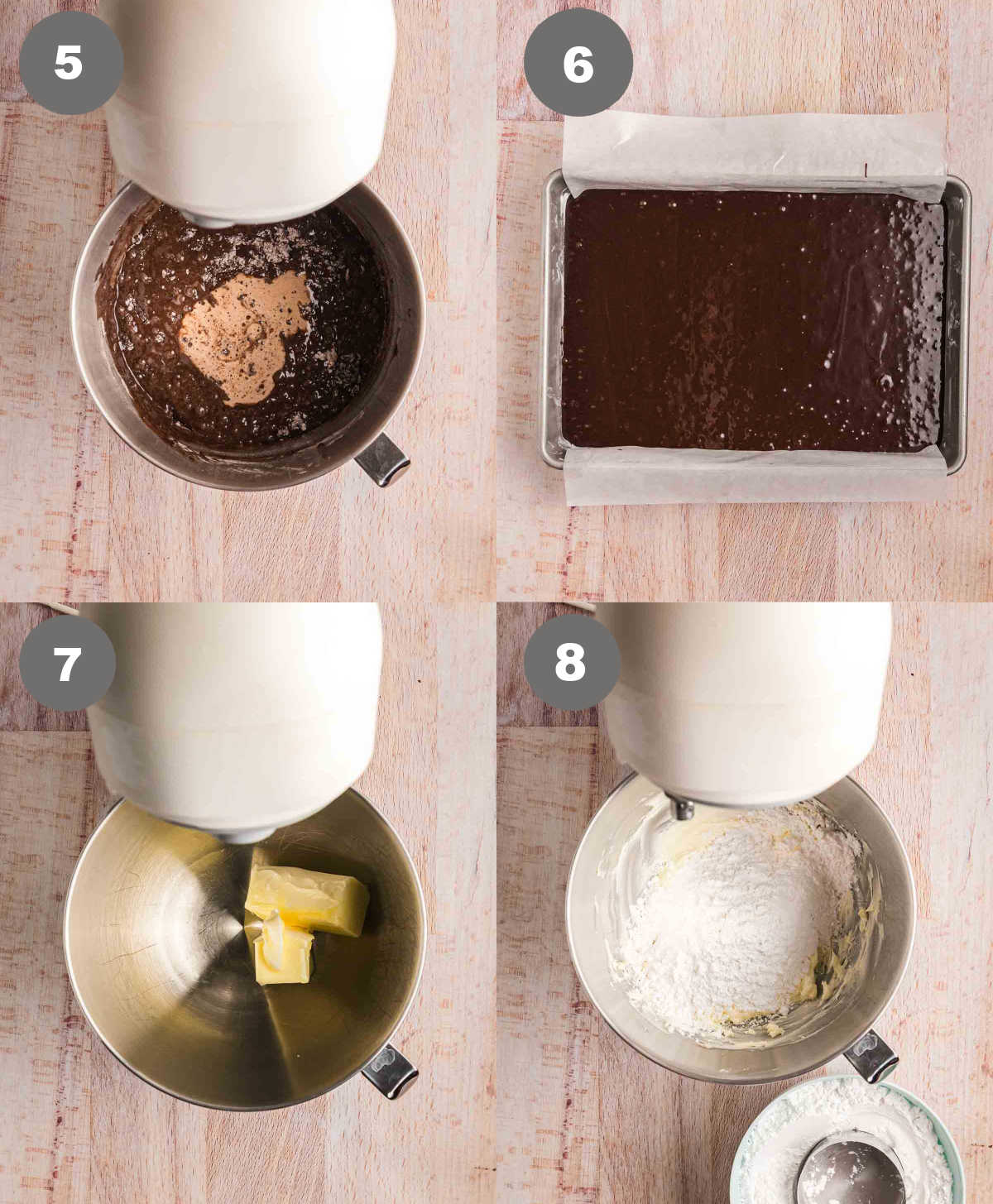 Steps 5 through 8 for making Guinness chocolate cake.