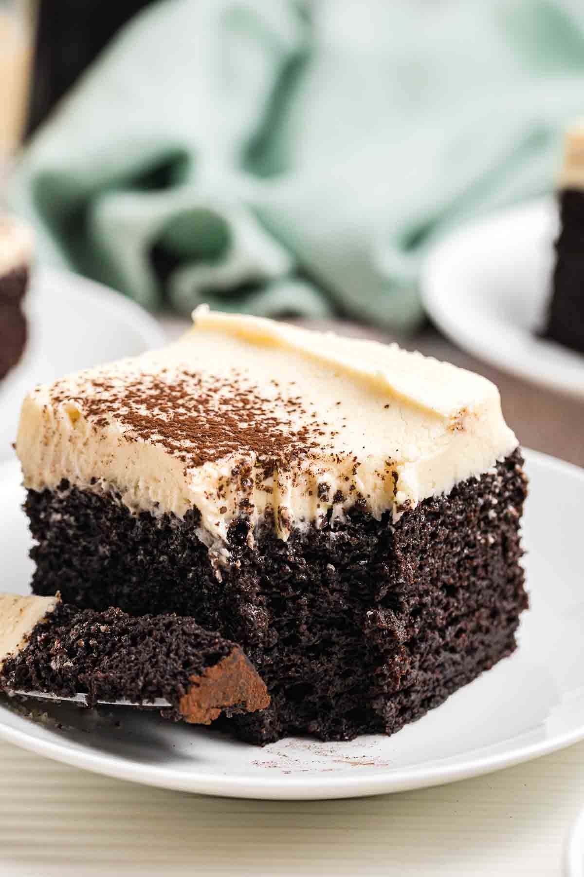 A plate with a slice of guinness chocolate cake.
