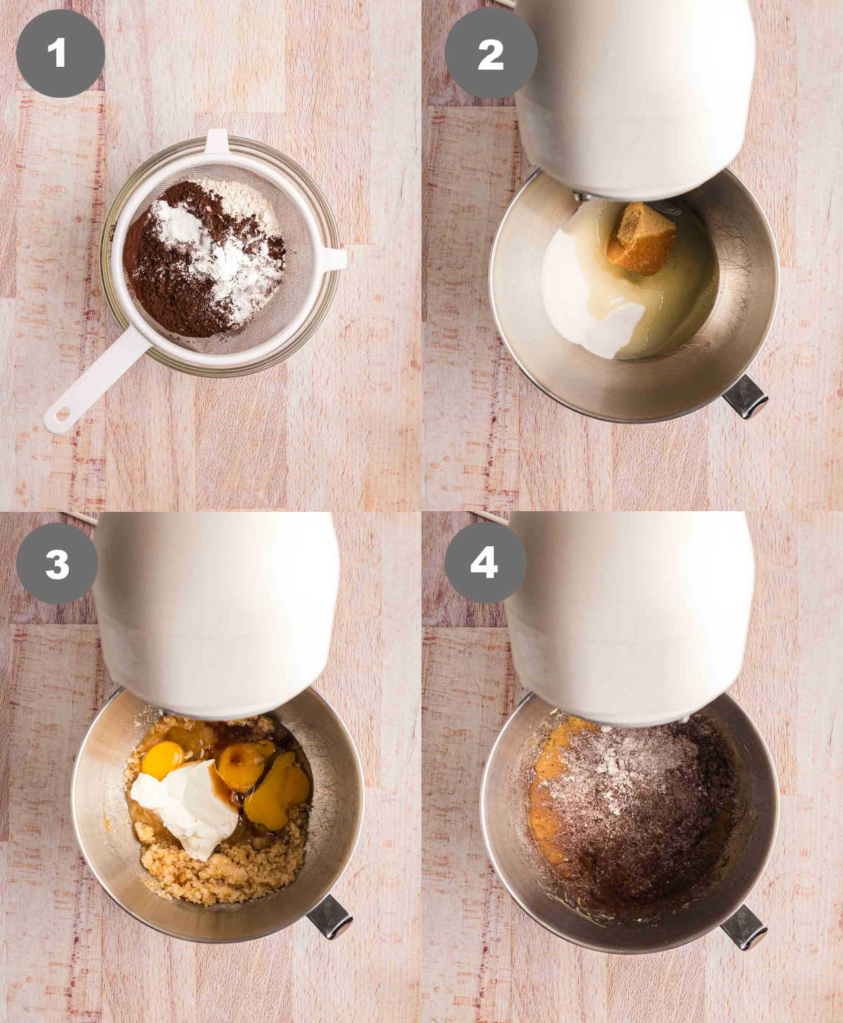 Steps 1 through 4 for guinness chocolate cake.