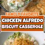 Pinterest graphic featuring slow cooker chicken and biscuit casserole.
