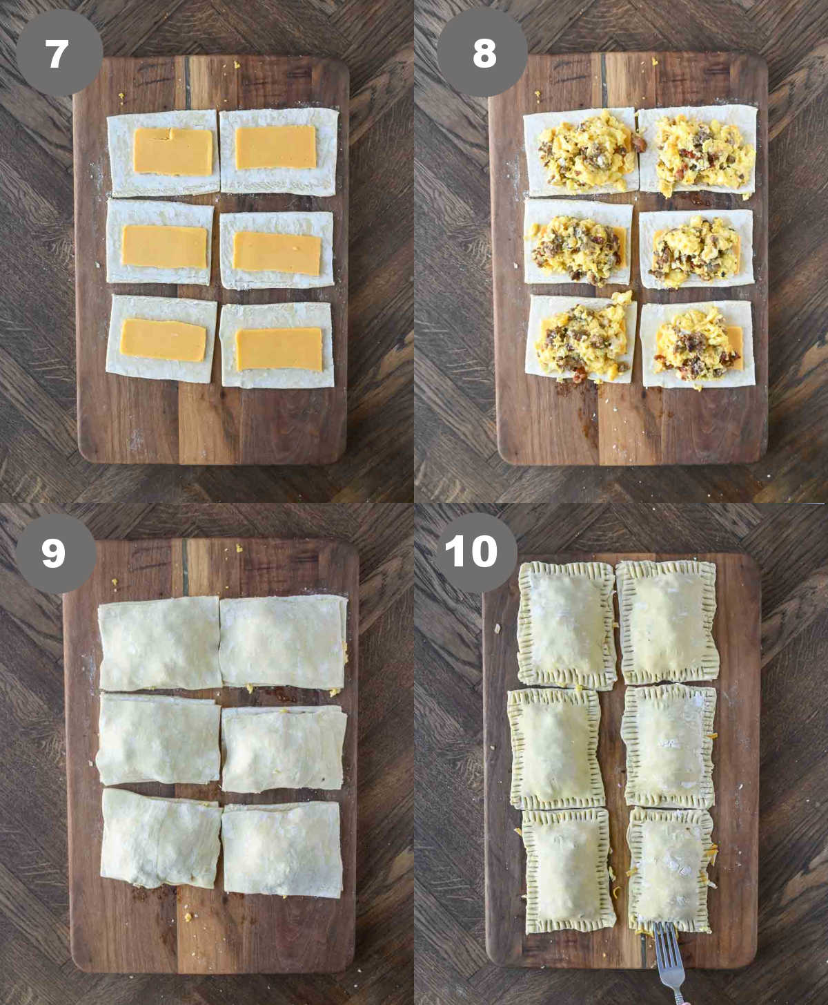 Steps 7 through 10 for making breakfast hot pockets.