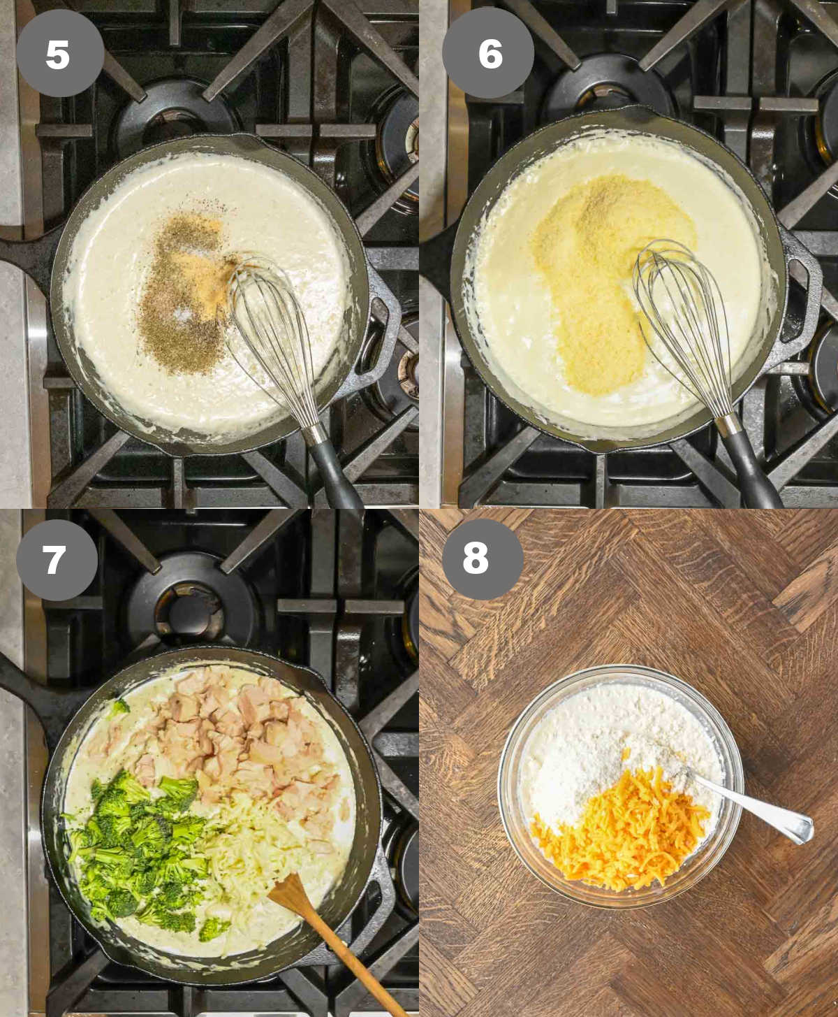 Steps 5 through 8 for making chicken and biscuit casserole.