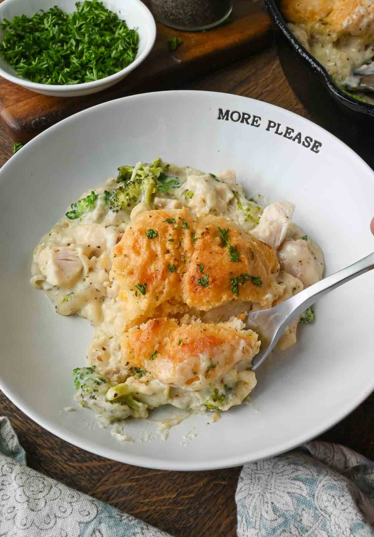 A plate of chicken and biscuit casserole.