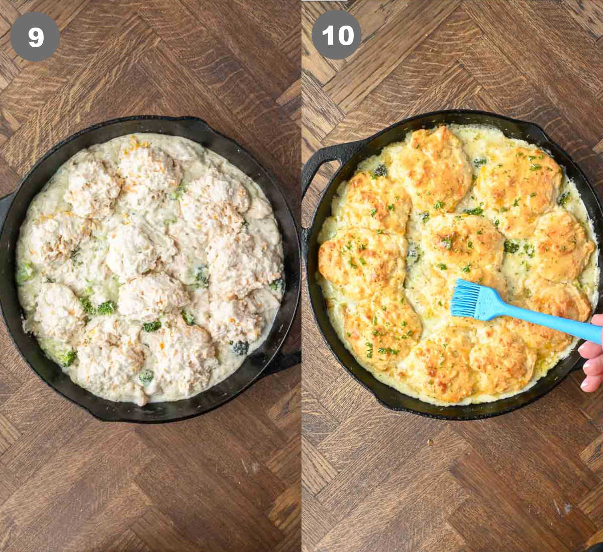 Steps 9 and 10 for chicken and biscuit casserole.