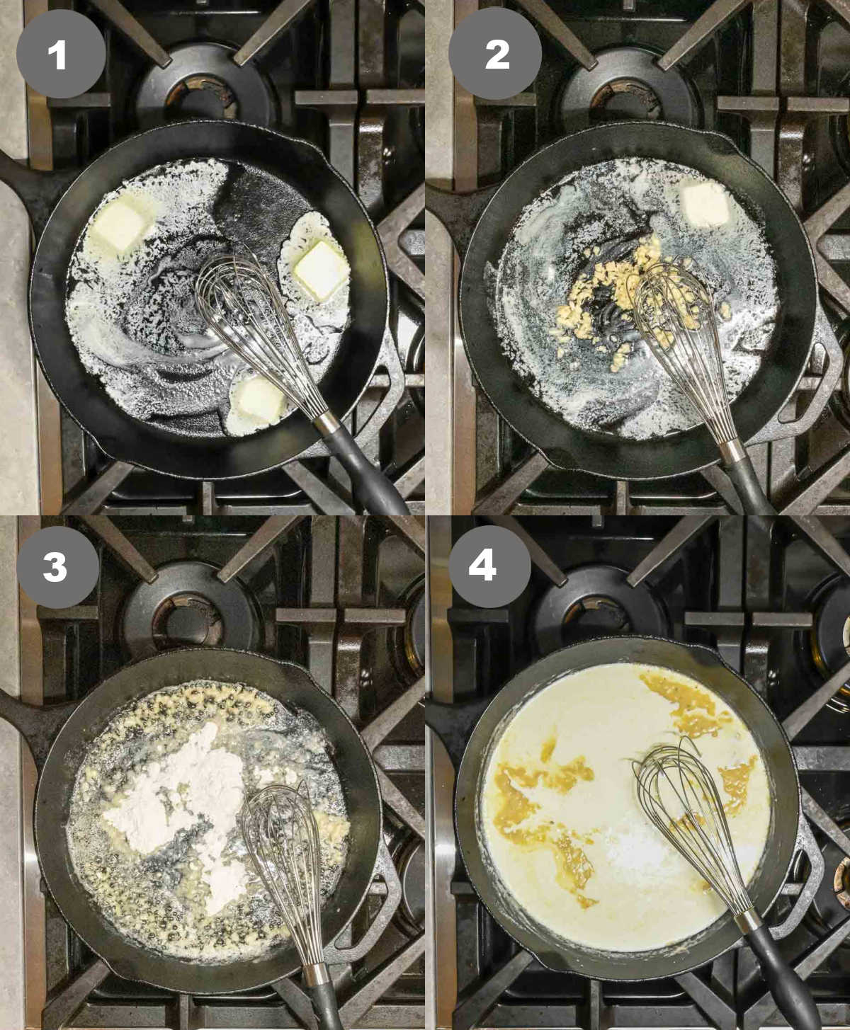 Steps 1 through 4 for making slow cooker chicken and biscuit casserole.