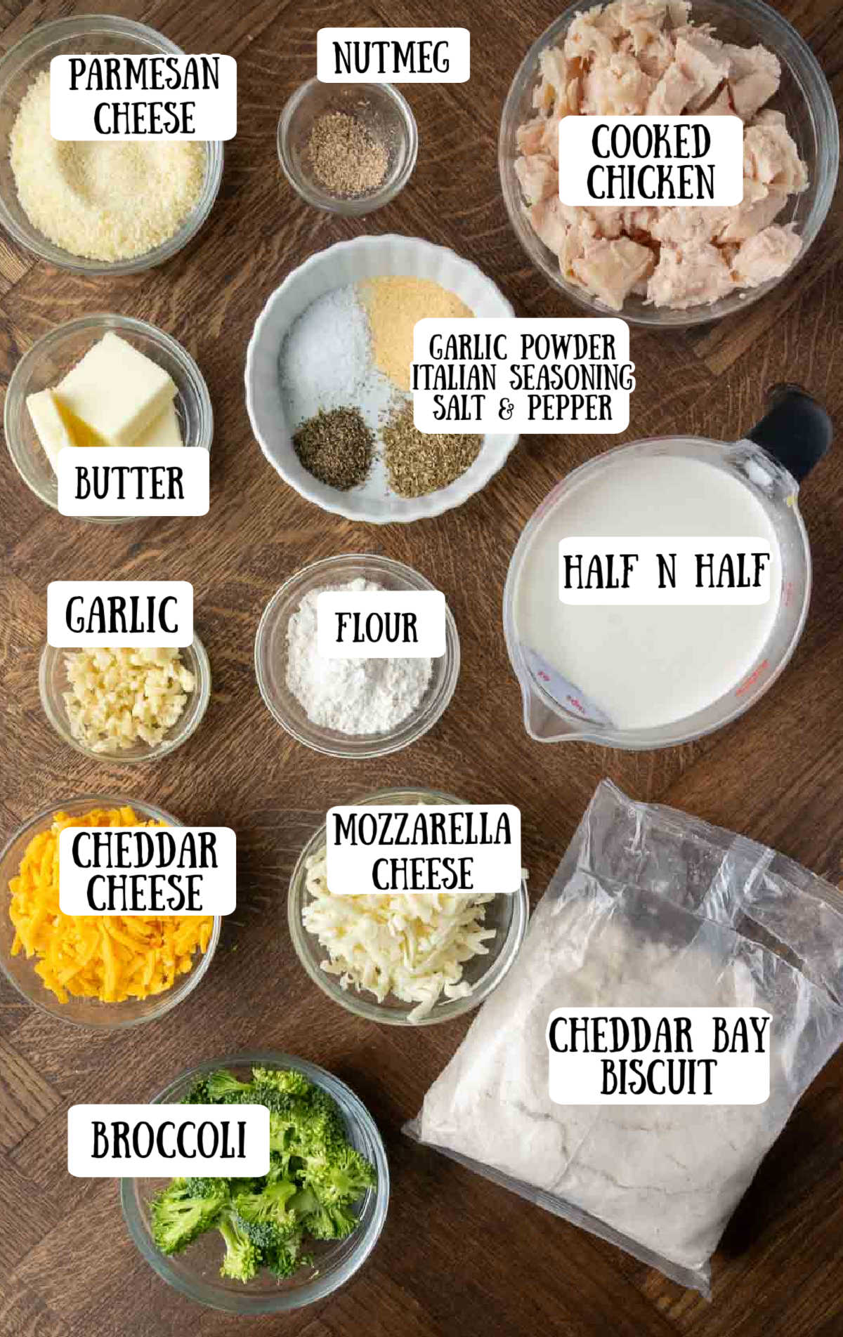Labeled ingredients for chicken and biscuit casserole.