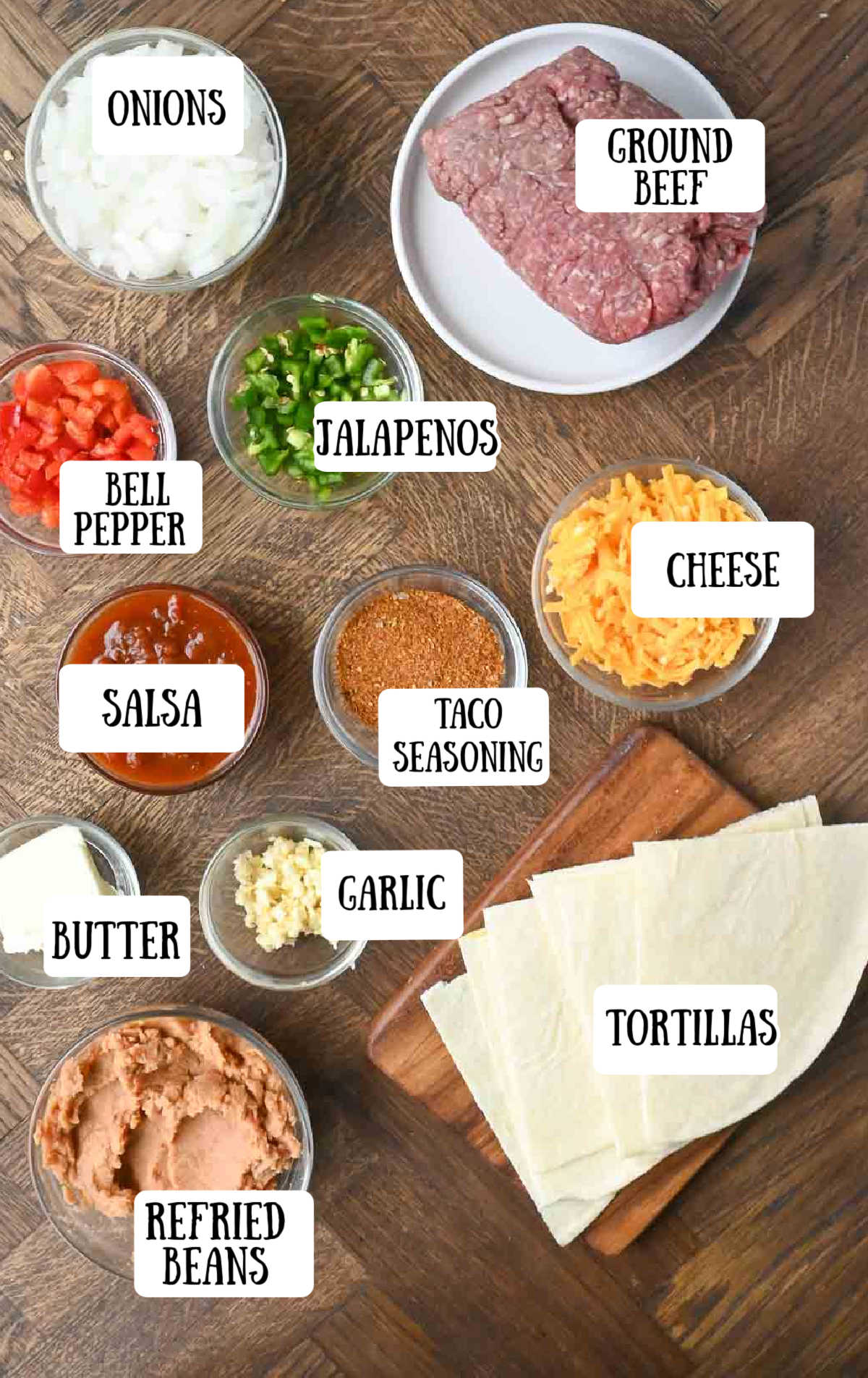 Labeled ingredients for cheesy beef pockets.
