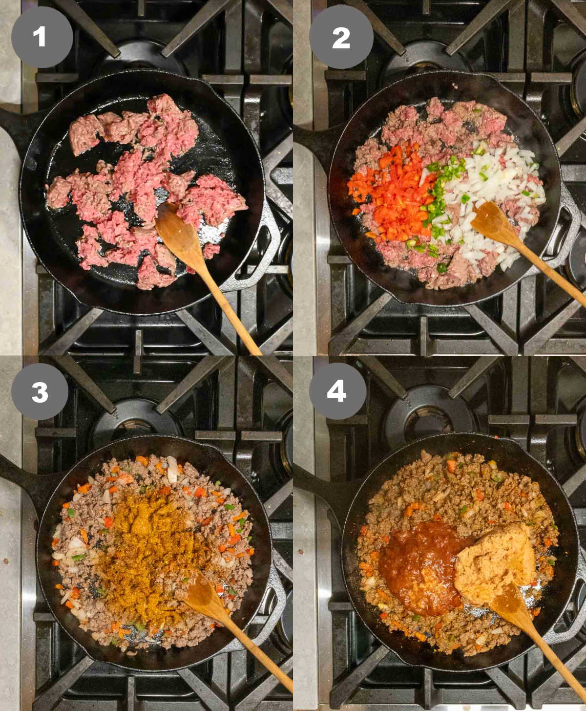 Steps 1 through 4 for making cheesy beef pockets.