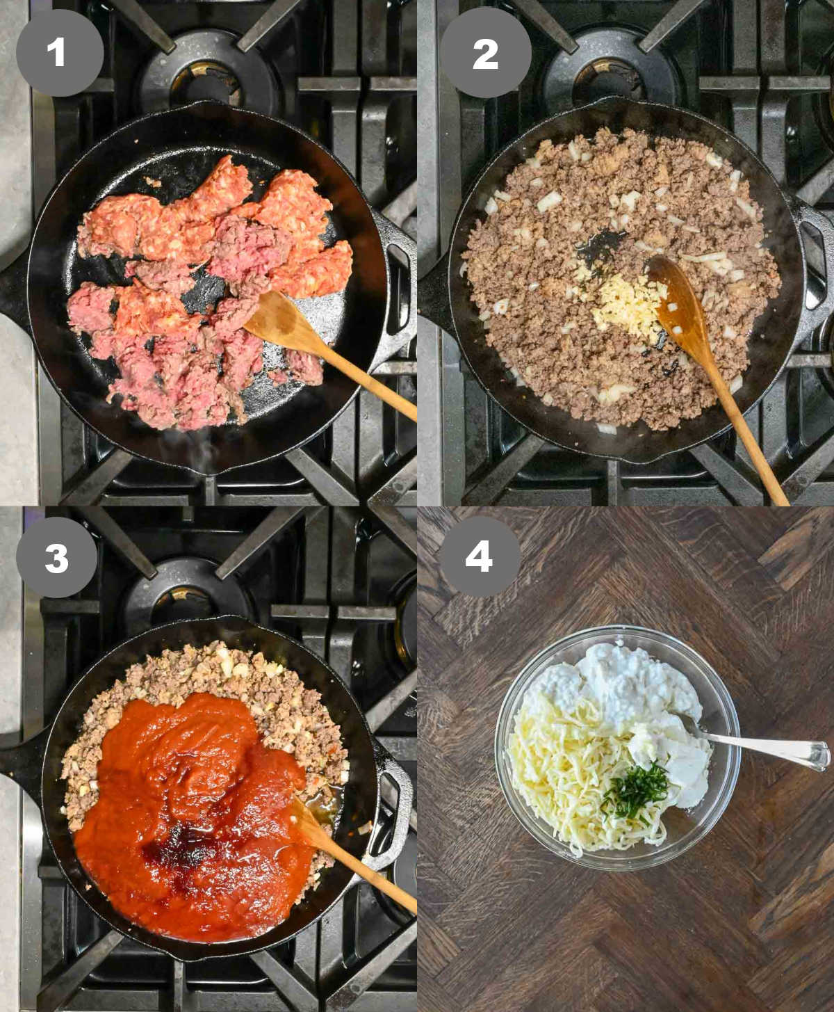 Steps 1 through 4 for making slow cooker lasagna.