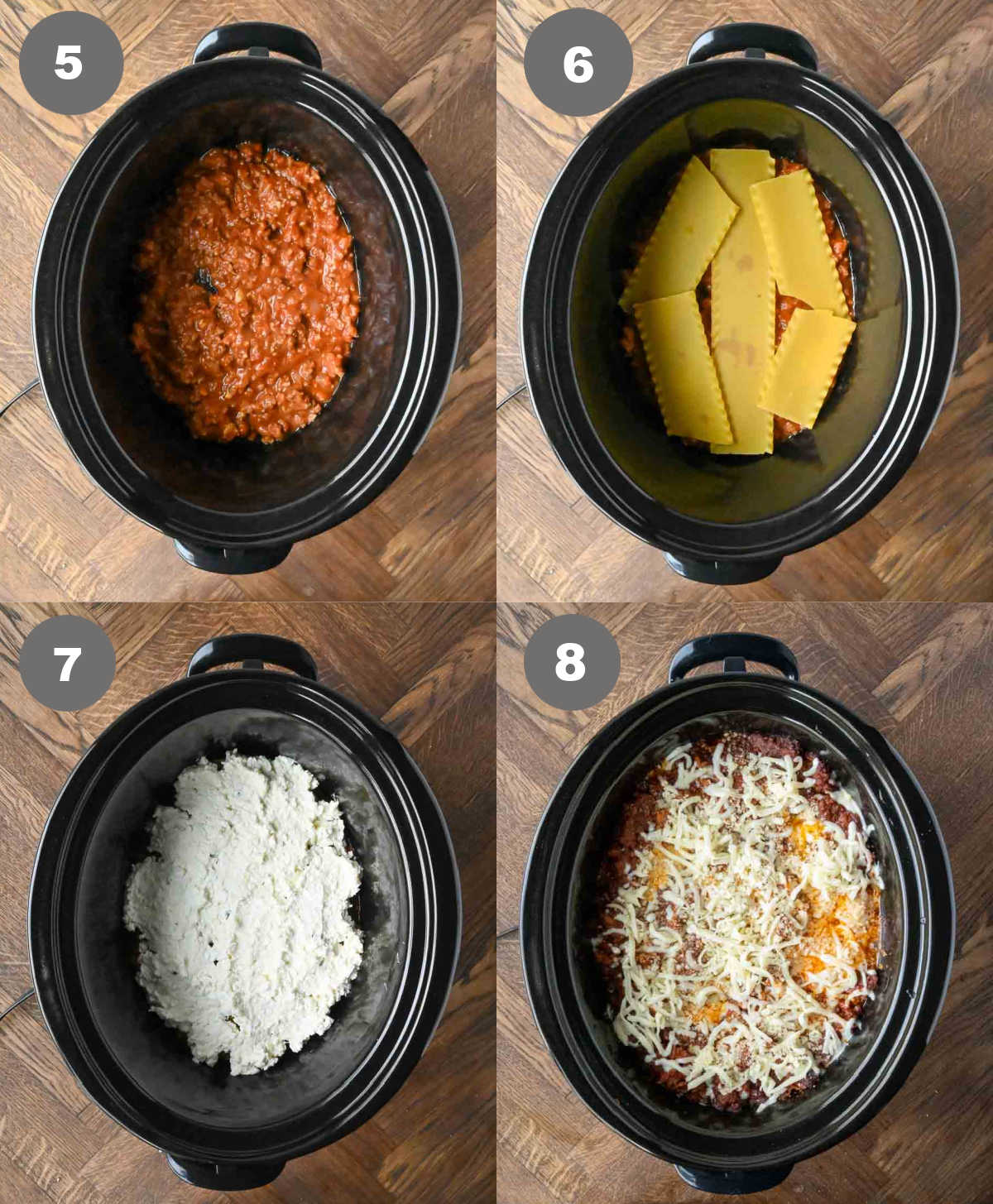 Steps 5 through 8 for making crock pot lasagna.