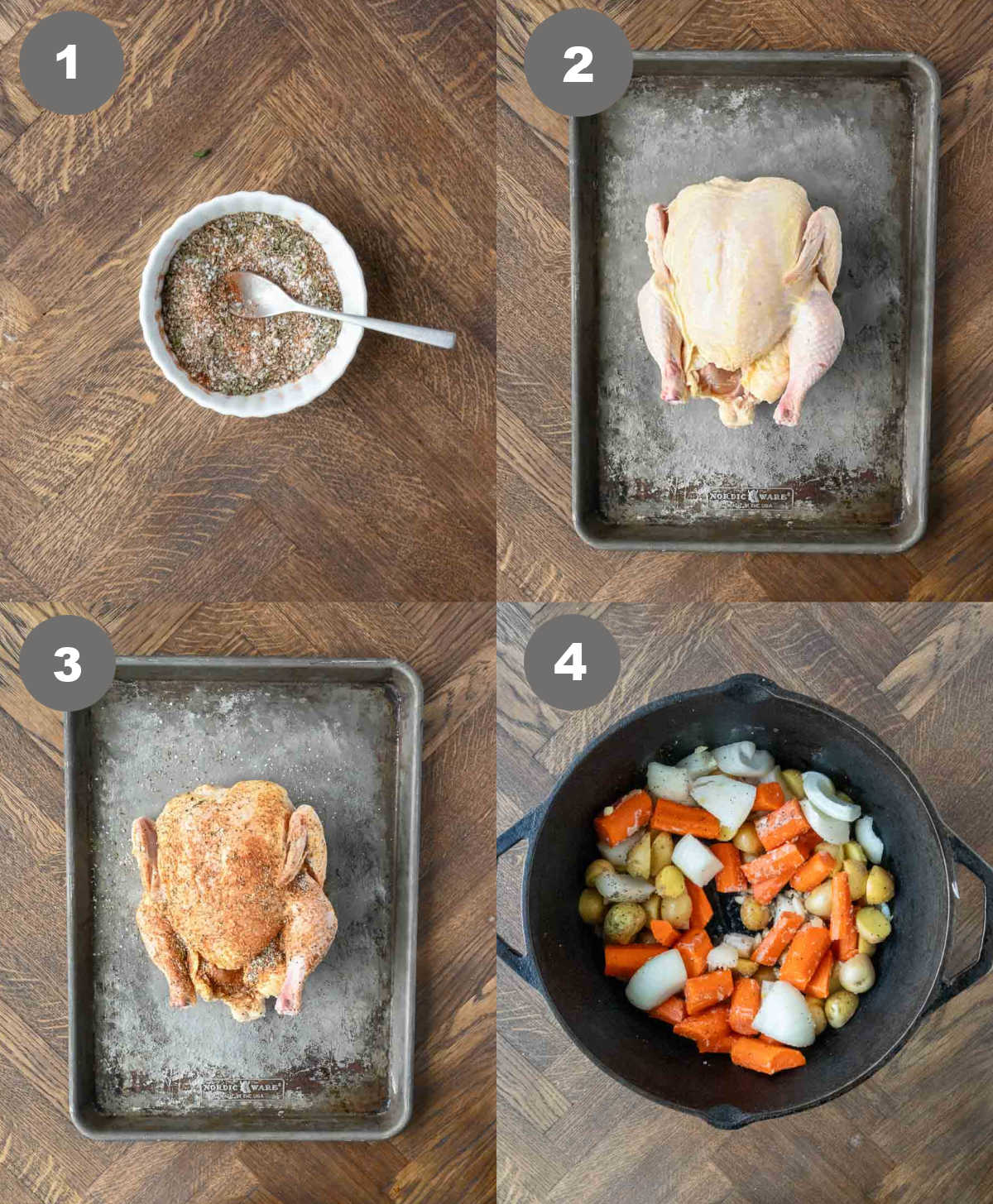 Steps 1 through 4 for making dutch oven chicken.