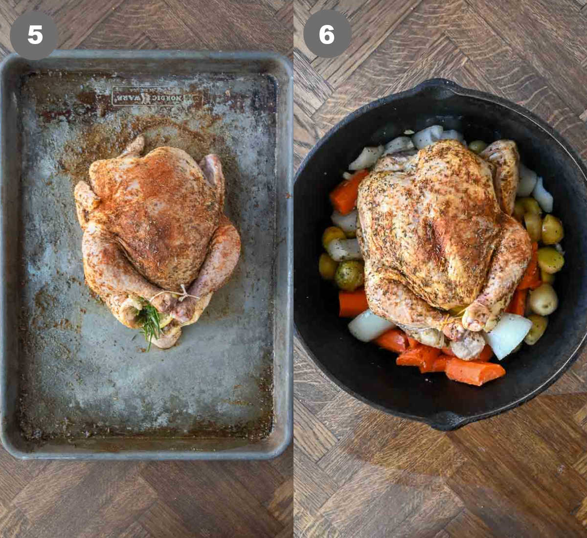 Steps 5 and 6 for making dutch oven roasted chicken.